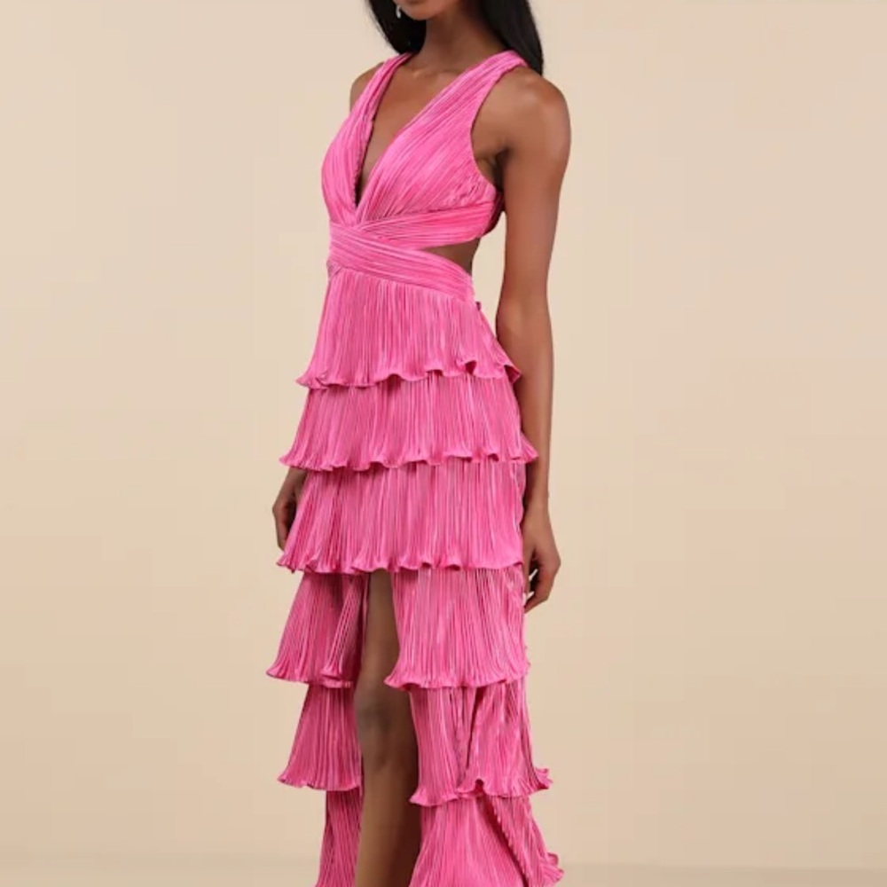 Lulu's Beauty Icon Pink Satin Pleated Tiered Lace-Up Maxi Dress